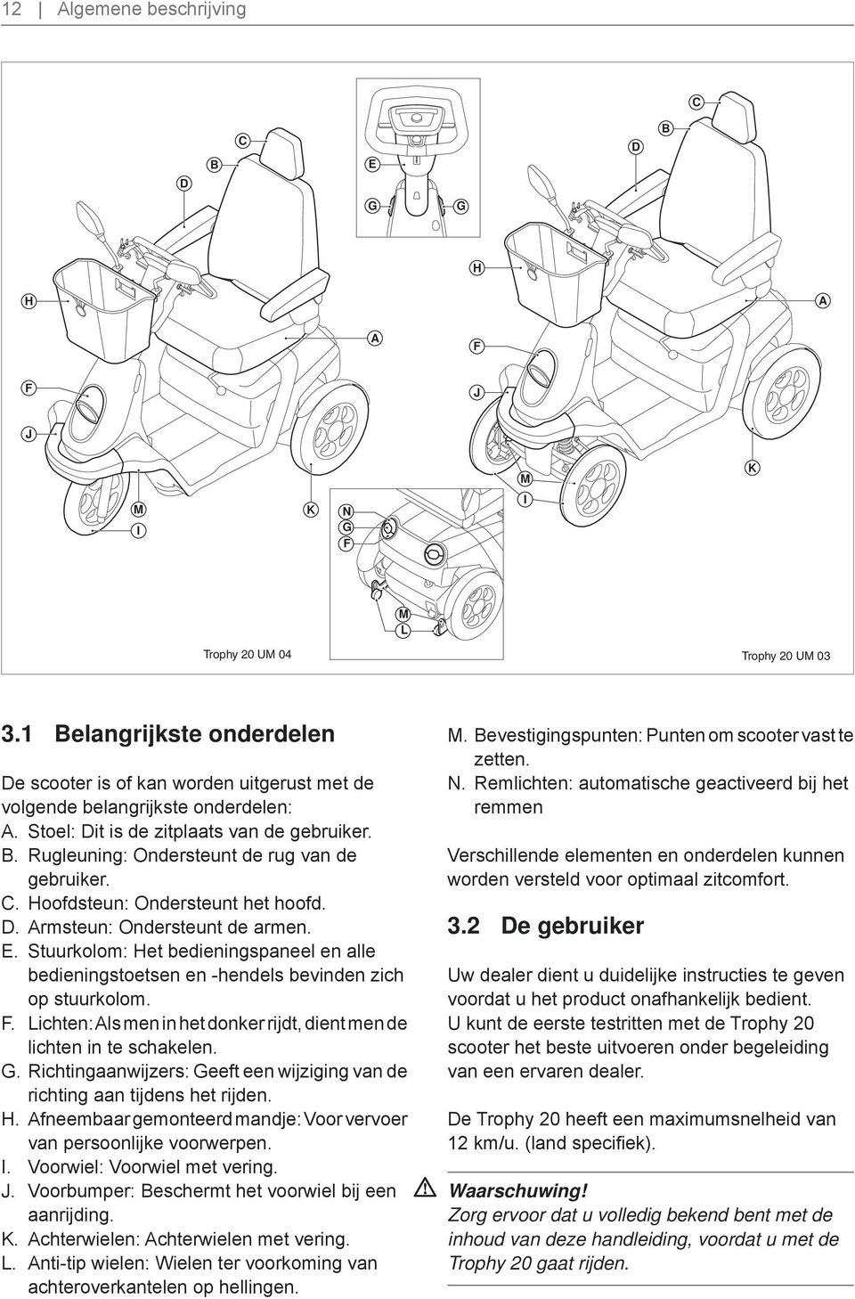 C. Hoofdsteun: Ondersteunt het hoofd. D. Armsteun: Ondersteunt de armen. E. Stuurkolom: Het bedieningspaneel en alle bedieningstoetsen en -hendels bevinden zich op stuurkolom. F.