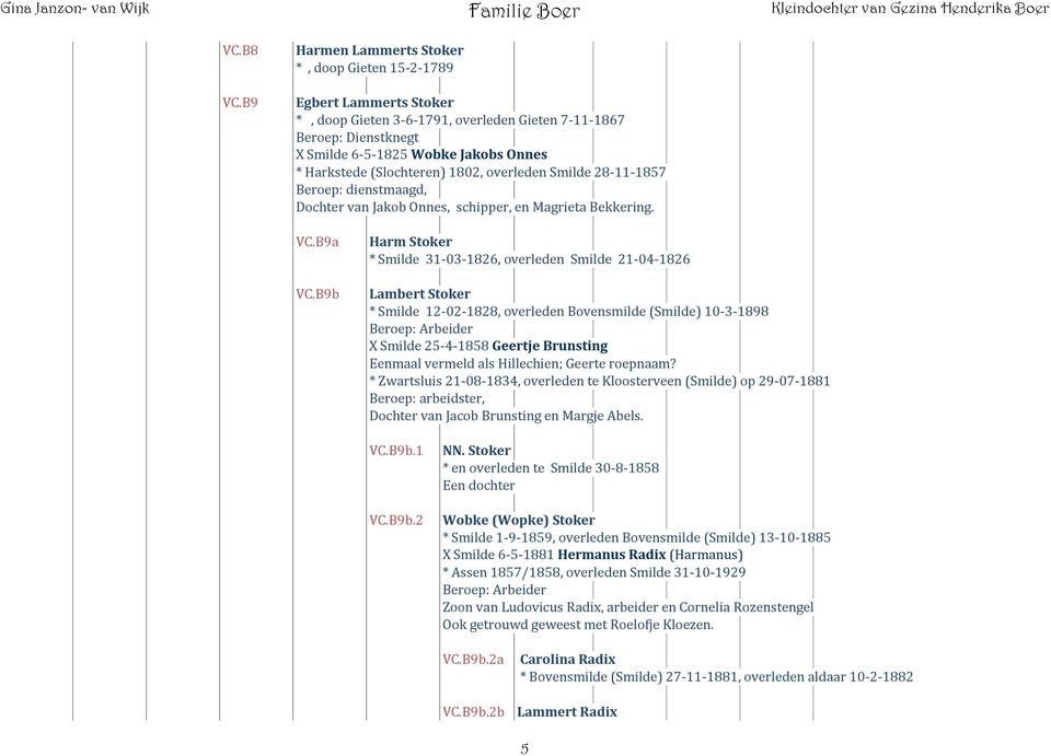 (Slochteren) 1802, overleden Smilde 28-11-1857 Beroep: dienstmaagd, Dochter van Jakob Onnes, schipper, en Magrieta Bekkering. VC.B9a VC.