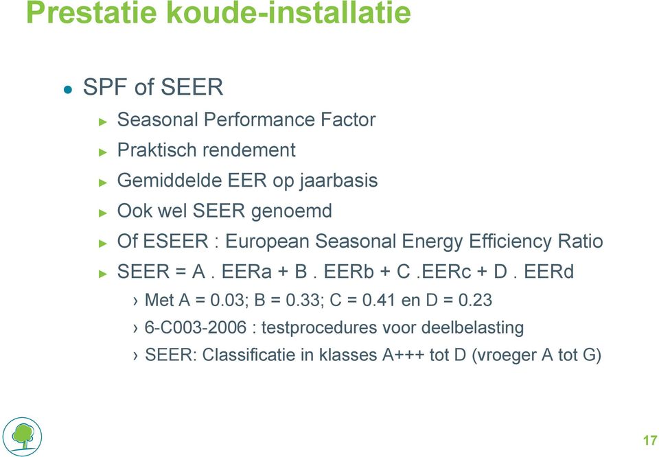 Ratio SEER = A. EERa + B. EERb + C.EERc + D. EERd Met A = 0.03; B = 0.33; C = 0.41 en D = 0.