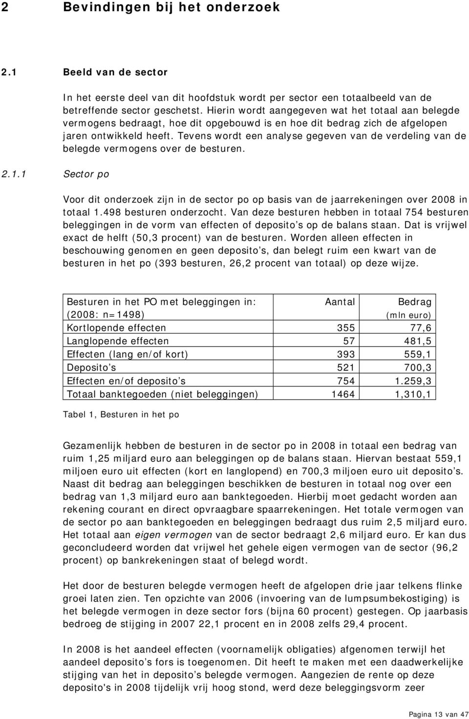 Tevens wordt een analyse gegeven van de verdeling van de belegde vermogens over de besturen. Voor dit onderzoek zijn in de sector po op basis van de jaarrekeningen over 2008 in totaal 1.