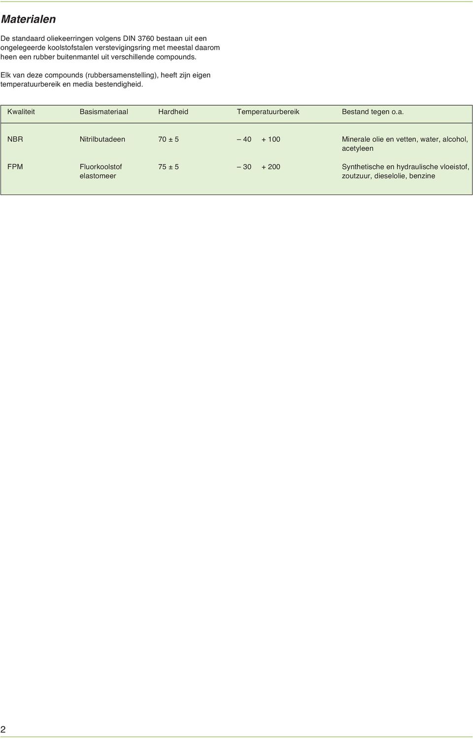 Elk van deze compounds (rubbersamenstelling), heeft zijn eigen temperatuurbereik en media bestendigheid.