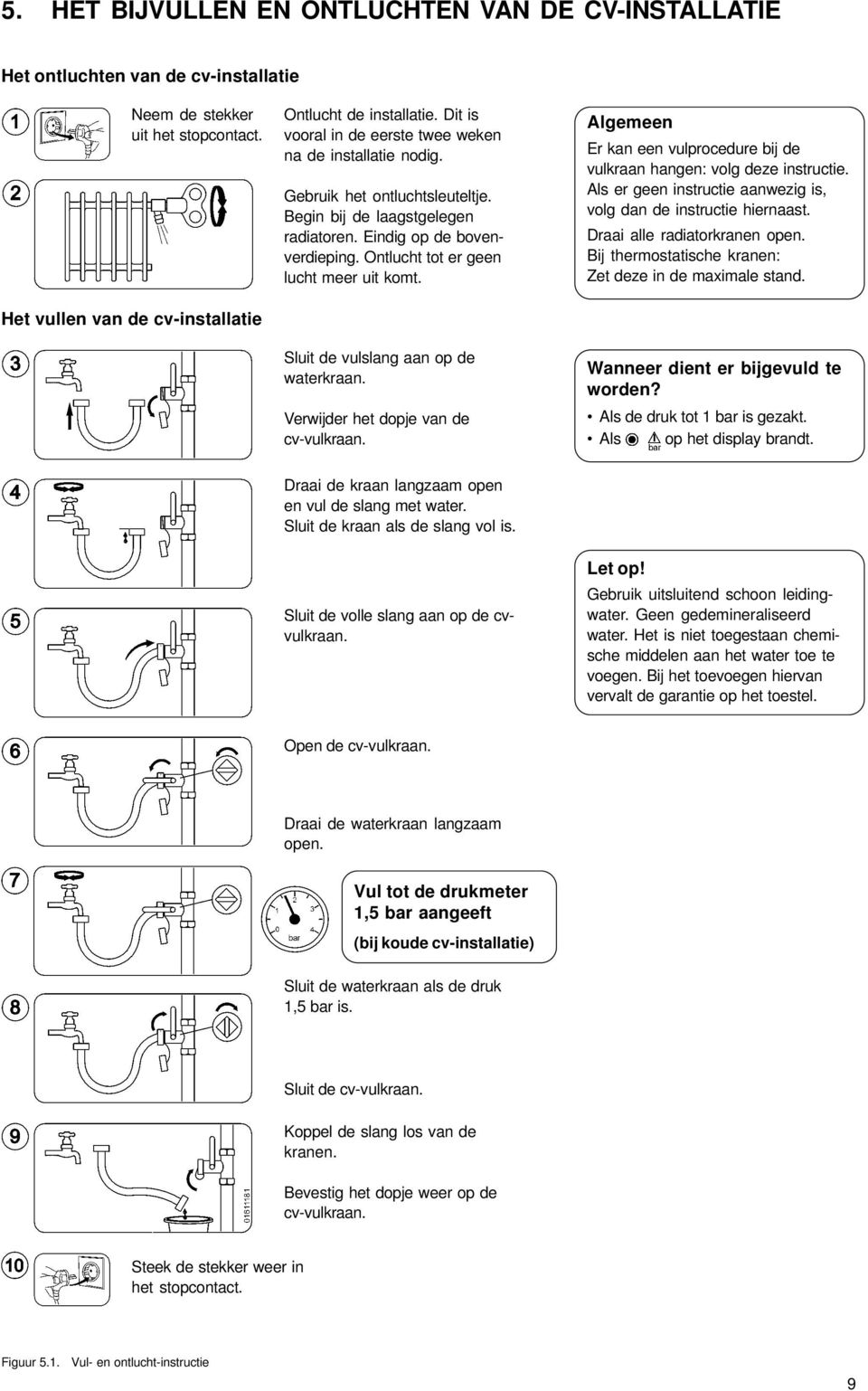 Ontlucht tot er geen lucht meer uit komt. Sluit de vulslang aan op de waterkraan. Verwijder het dopje van de cv-vulkraan. Algemeen Er kan een vulprocedure bij de vulkraan hangen: volg deze instructie.