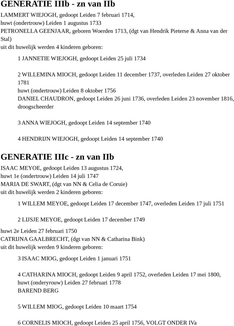 (ondertrouw) Leiden 8 oktober 1756 DANIEL CHAUDRON, gedoopt Leiden 26 juni 1736, overleden Leiden 23 november 1816, droogscheerder 3 ANNA WIEJOGH, gedoopt Leiden 14 september 1740 4 HENDRIJN WIEJOGH,