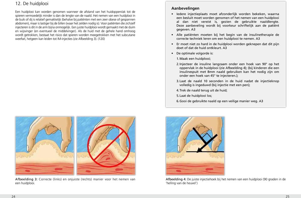 Voor patiënten die zichzelf injecteren is dit in de arm bijna onmogelijk. Een juiste huidplooi wordt gemaakt met de duim en wijsvinger (en eventueel de middelvinger).