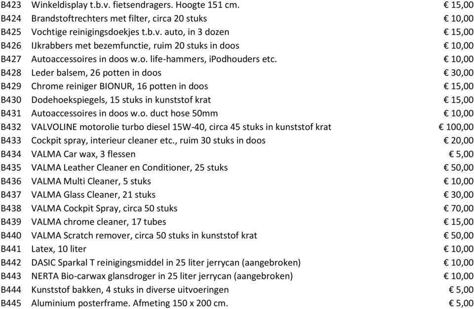 10,00 B428 Leder balsem, 26 potten in doos 30,00 B429 Chrome reiniger BIONUR, 16 potten in doos 15,00 B430 Dodehoekspiegels, 15 stuks in kunststof krat 15,00 B431 Autoaccessoires in doos w.o. duct hose 50mm 10,00 B432 VALVOLINE motorolie turbo diesel 15W-40, circa 45 stuks in kunststof krat 100,00 B433 Cockpit spray, interieur cleaner etc.