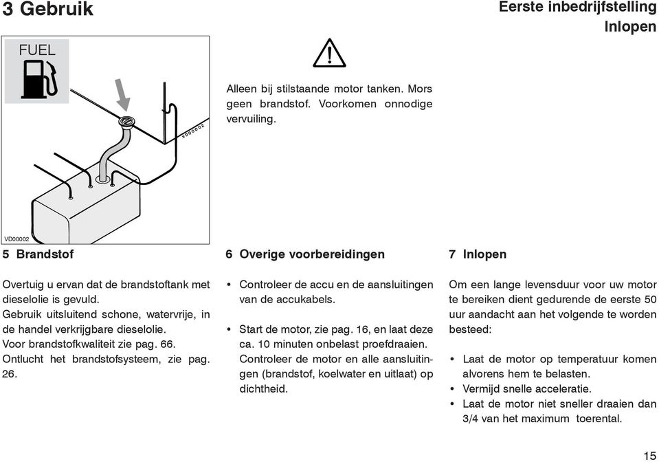 Voor brandstofkwaliteit zie pag. 66. Ontlucht het brandstofsysteem, zie pag. 26. Controleer de accu en de aansluitingen van de accukabels. Start de motor, zie pag. 16, en laat deze ca.