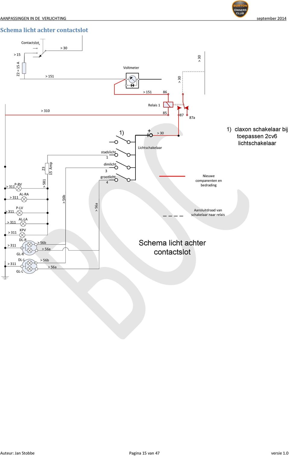 dimlicht 3 grootlicht 4 Nieuwe companenten en bedrading AL-RA > 56b P-LV AL-LA > 56a Aansluitdraad van schakelaar naar
