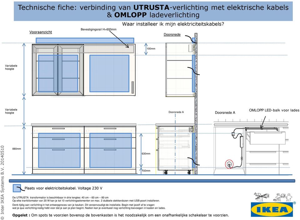 Voltage 230 V Opgelet : Om spots te voorzien bovenop de bovenkasten is het noodzakelijk om een onafhankelijke schakelaar te voorzien.