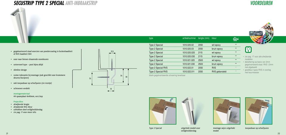 ruime tolerantie bij montage (ook geschikt voor krommere deuren/kozijnen) 27 12,5 27 32 Type 2 Special 1010.020.03 2050 bruin epoxy ** Type 2 Special 1010.020.020 2115 wit epoxy ** Type 2 Special 1010.