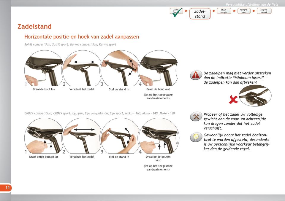 sport, Moko - 160, Moko - 140, Moko - 120 De zadelpen mag niet verder uitsteken dan de indicatie Minimum insert de zadelpen kan dan afbreken!