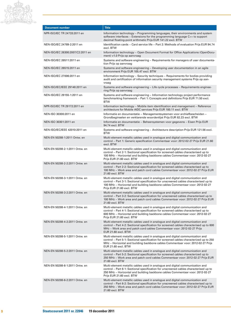 NEN-ISO/IEC 26300:2007/C2:2011 en NEN-ISO/IEC 26511:2011 en NEN-ISO/IEC 26515:2011 en NEN-ISO/IEC 27006:2011 en NEN-ISO/IEC/IEEE 29148:2011 en NEN-ISO/IEC 29155-1:2011 en NPR-ISO/IEC TR 29172:2011 en