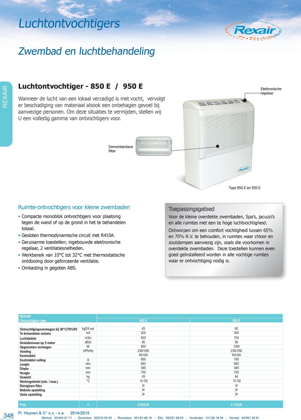 Elektronische regelaar Demonteerbare filter Type 850 E en 950 E Ruimte-ontvochtigers voor kleine zwembaden Compacte monoblok ontvochtigers voor plaatsing tegen de wand of op de grond in het te