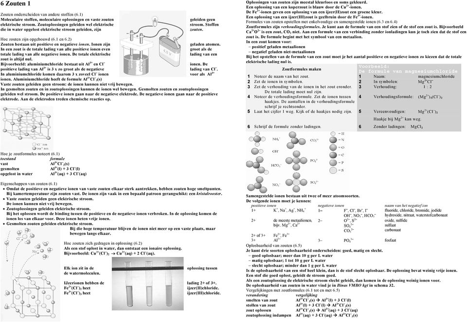 2) Zouten bestaan uit positieve en negatieve ionen. Ionen zijn geladen atomen. In een zout is de totale lading van alle positieve ionen even groot als de totale lading van alle negatieve ionen.