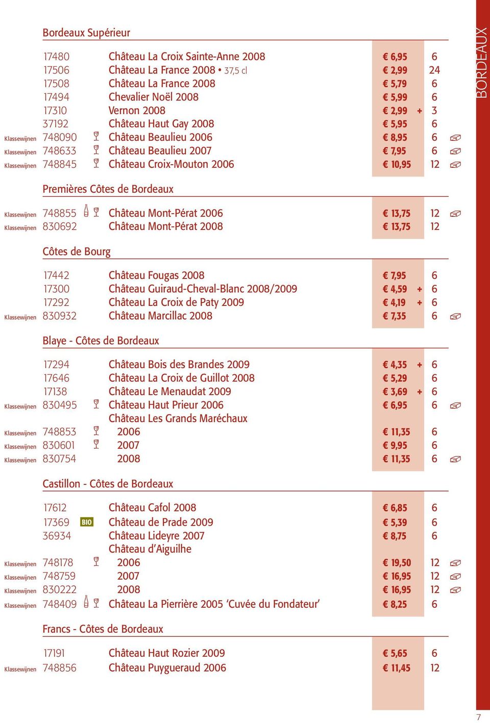 10,95 12 h BORDEAUX Premières Côtes de Bordeaux Klassewijnen 748855 f g Château Mont-Pérat 2006 13,75 12 h Klassewijnen 830692 Château Mont-Pérat 2008 13,75 12 Côtes de Bourg 17442 Château Fougas