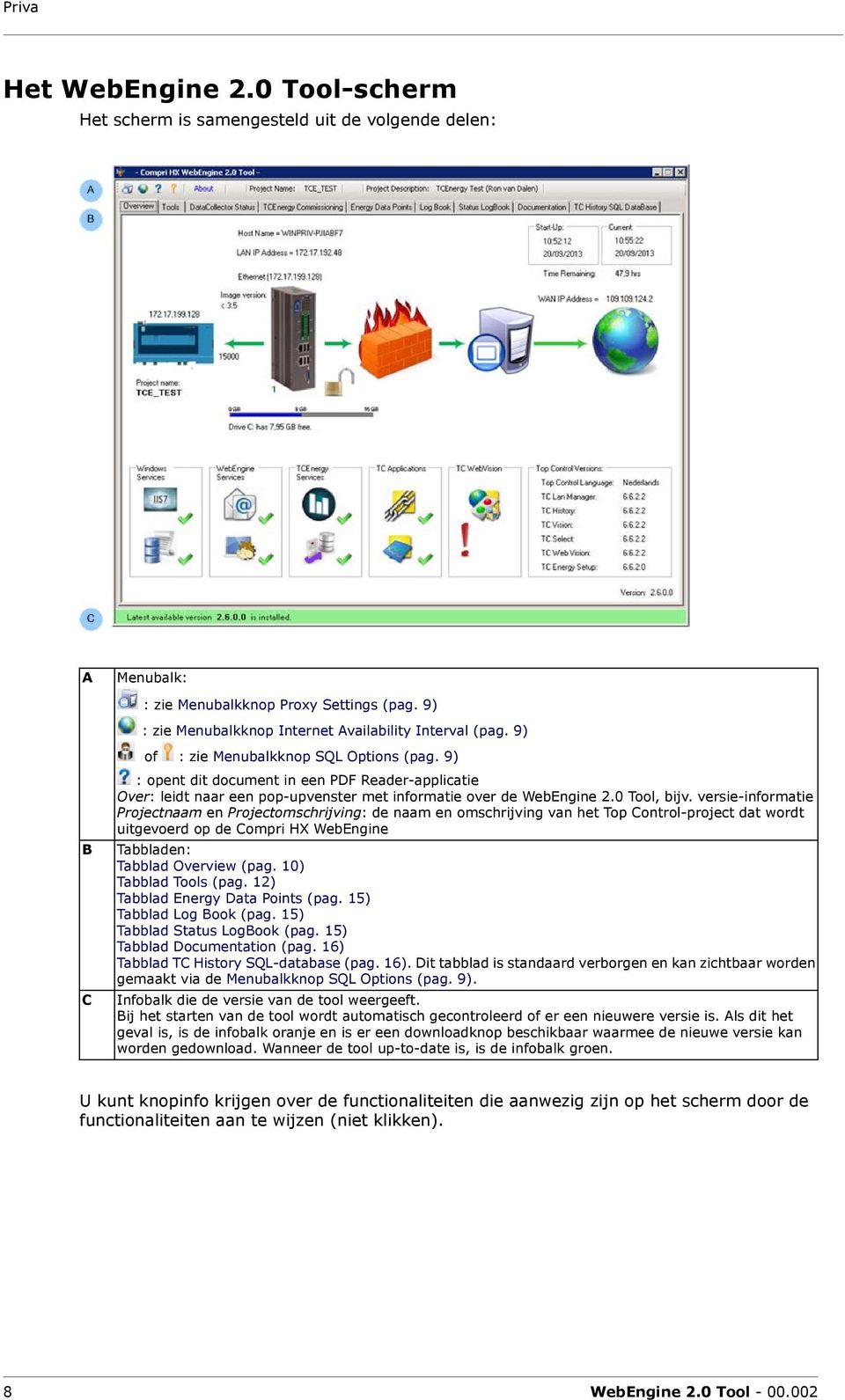 versie-informatie Projectnaam en Projectomschrijving: de naam en omschrijving van het Top Control-project dat wordt uitgevoerd op de Compri HX WebEngine Tabbladen: Tabblad Overview (pag.