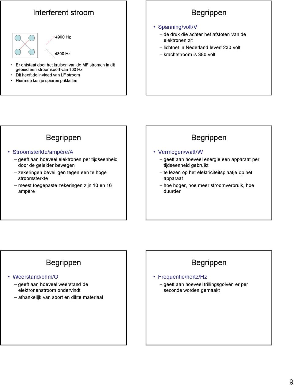 per tijdseenheid door de geleider bewegen zekeringen beveiligen tegen een te hoge stroomsterkte meest toegepaste zekeringen zijn 10 en 16 ampère Begrippen Vermogen/watt/W geeft aan hoeveel energie