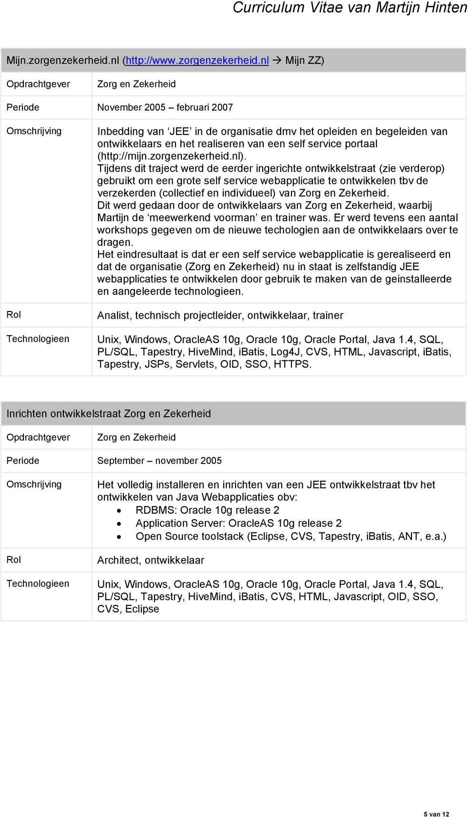 nl Mijn ZZ) Zorg en Zekerheid Periode November 2005 februari 2007 Inbedding van JEE in de organisatie dmv het opleiden en begeleiden van ontwikkelaars en het realiseren van een self service portaal