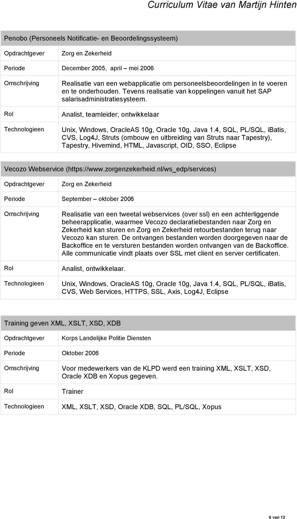 4, SQL, PL/SQL, ibatis, CVS, Log4J, Struts (ombouw en uitbreiding van Struts naar Tapestry), Tapestry, Hivemind, HTML, Javascript, OID, SSO, Eclipse Vecozo Webservice (https://www.zorgenzekerheid.