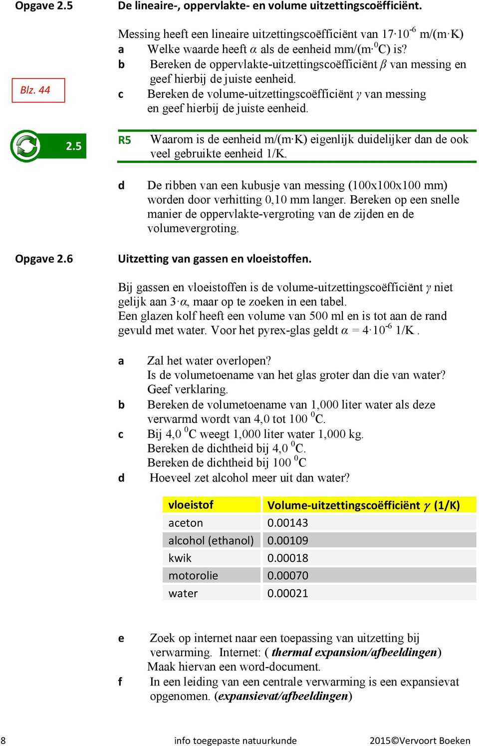 b Bereken de oppervlakteuitzettingscoëfficiënt β van messing en geef hierbij de juiste eenheid. c Bereken de volumeuitzettingscoëfficiënt γ van messing en geef hierbij de juiste eenheid.