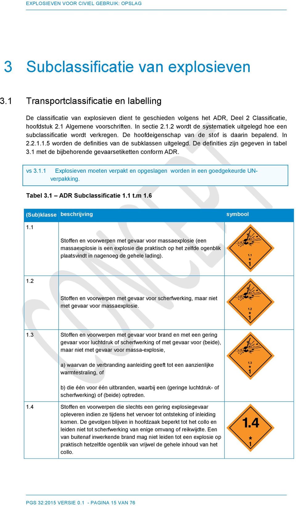 De definities zijn gegeven in tabel 3.1 met de bijbehorende gevaarsetiketten conform ADR. vs 3.1.1 Explosieven moeten verpakt en opgeslagen worden in een goedgekeurde UNverpakking. Tabel 3.