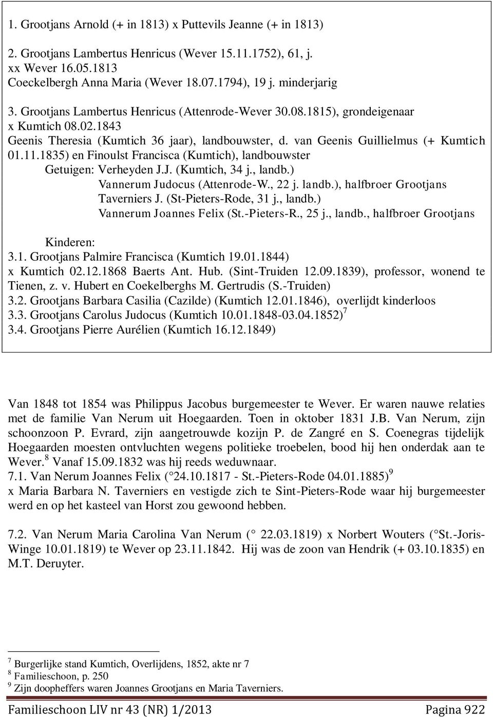 11.1835) en Finoulst Francisca (Kumtich), landbouwster Getuigen: Verheyden J.J. (Kumtich, 34 j., landb.) Vannerum Judocus (Attenrode-W., 22 j. landb.), halfbroer Grootjans Taverniers J.