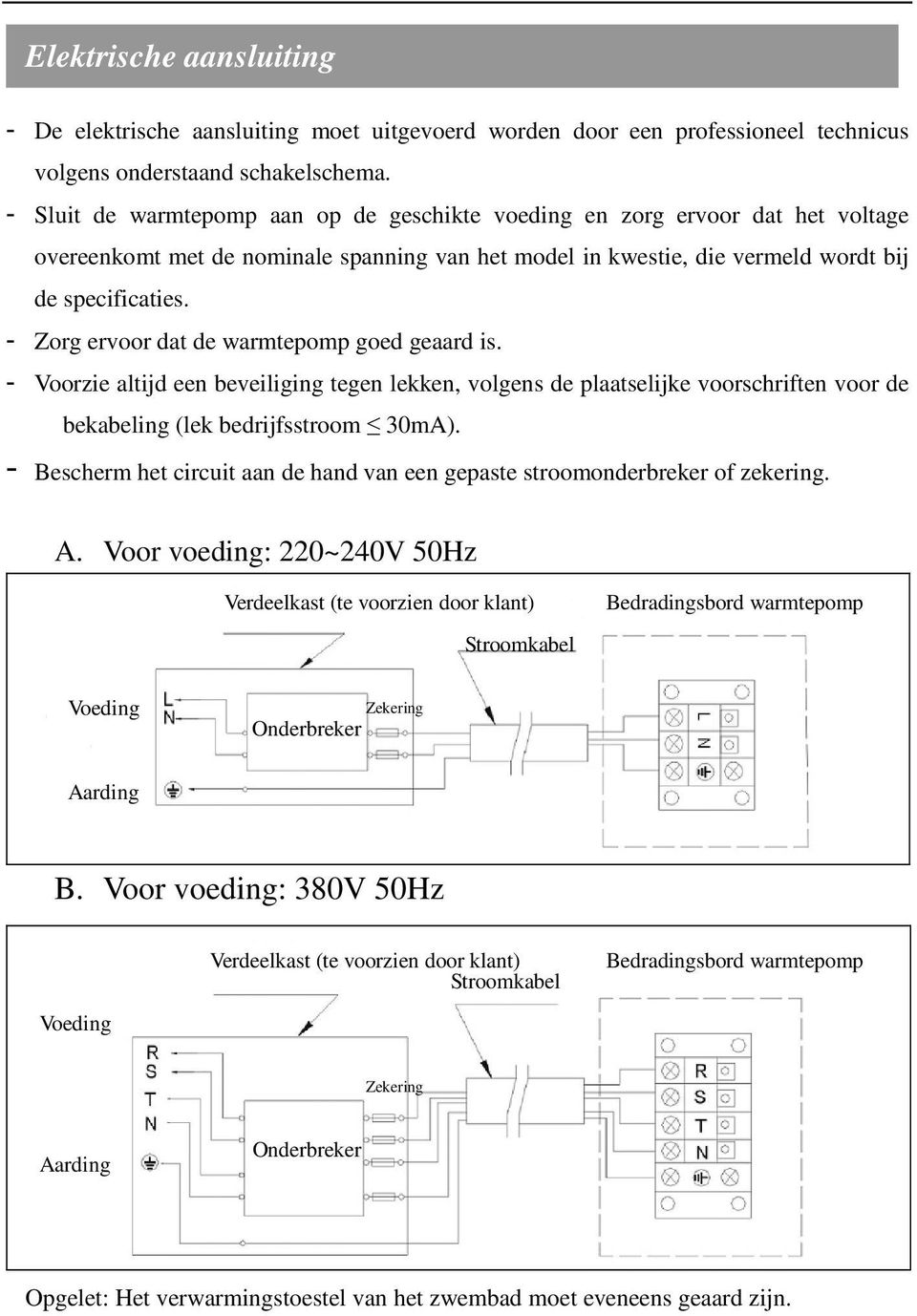 - Zorg ervoor dat de warmtepomp goed geaard is. - Voorzie altijd een beveiliging tegen lekken, volgens de plaatselijke voorschriften voor de bekabeling (lek bedrijfsstroom 30mA).