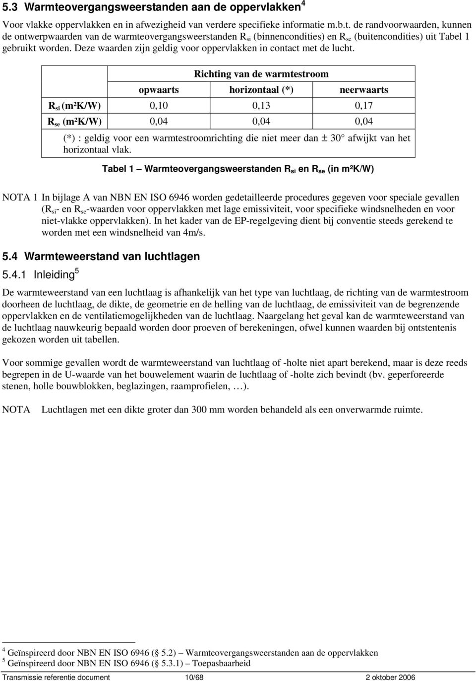 Richting van de warmtestroom opwaarts horizontaal (*) neerwaarts R si (m²k/w) 0,0 0,3 0,7 R se (m²k/w) 0,04 0,04 0,04 (*) : geldig voor een warmtestroomrichting die niet meer dan ± 30 afwijkt van het