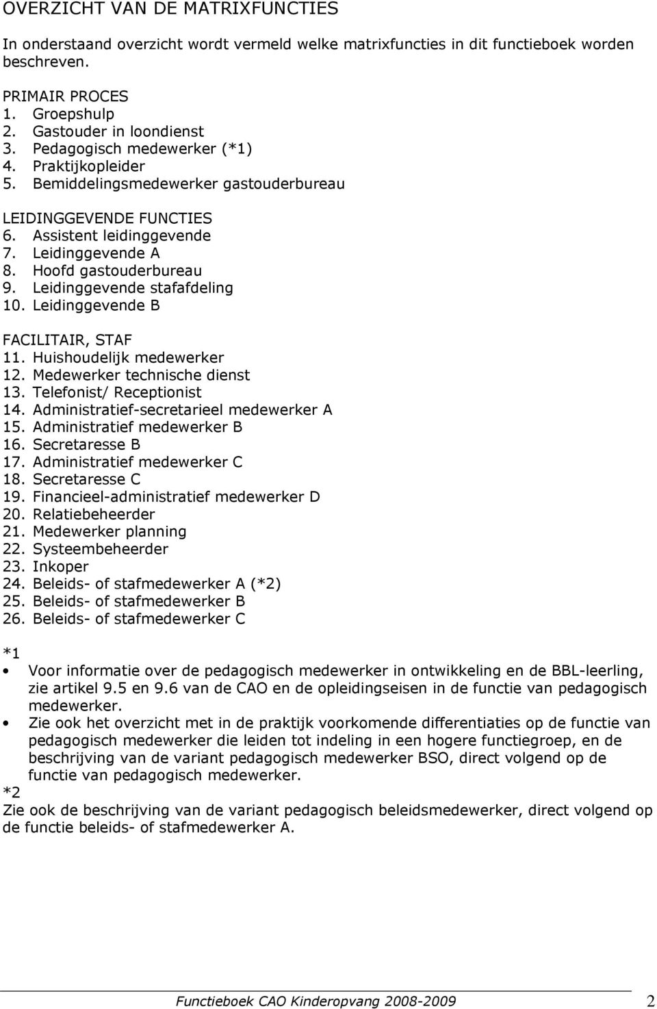 Leidinggevende stafafdeling 10. Leidinggevende B FACILITAIR, STAF 11. Huishoudelijk medewerker 12. Medewerker technische dienst 13. Telefonist/ Receptionist 14.