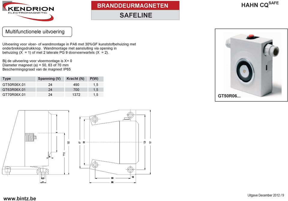 Bij de uitvoering voor vloermontage is X= 0 Diameter magneet (a) = 50, 63 of 70 mm Beschermingsgraad van de magneet IP65 Type