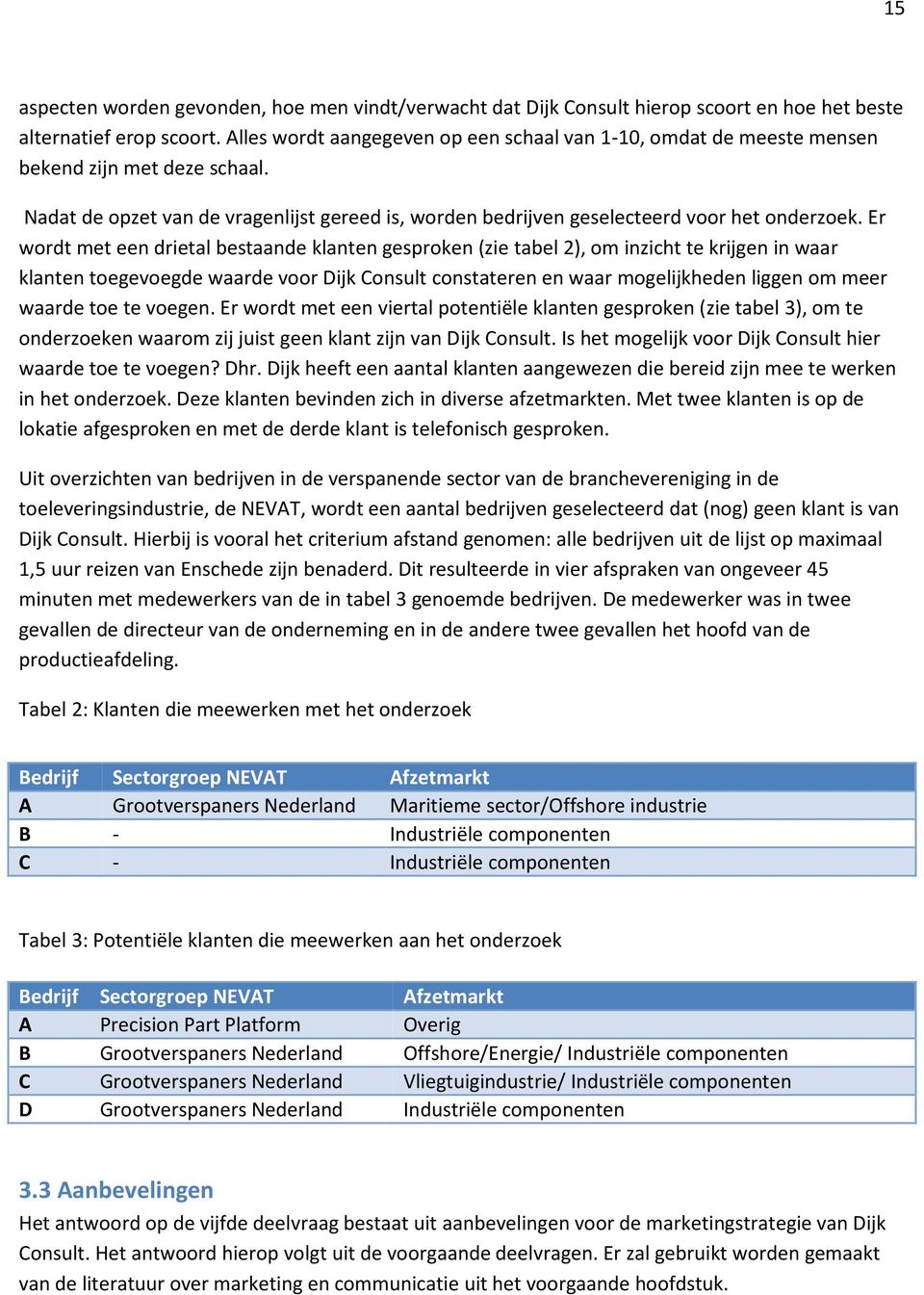 Er wordt met een drietal bestaande klanten gesproken (zie tabel 2), om inzicht te krijgen in waar klanten toegevoegde waarde voor Dijk Consult constateren en waar mogelijkheden liggen om meer waarde