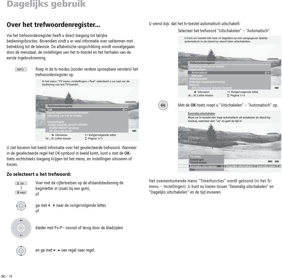 De alfabetische rangschikking wordt voorafgegaan door de menutaal, de instellingen van het tv-toestel en het herhalen van de eerste ingebruikneming.