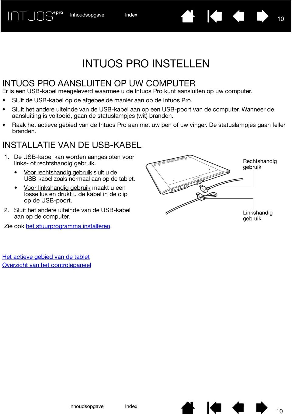 Wanneer de aansluiting is voltooid, gaan de statuslampjes (wit) branden. Raak het actieve gebied van de Intuos Pro aan met uw pen of uw vinger. De statuslampjes gaan feller branden.