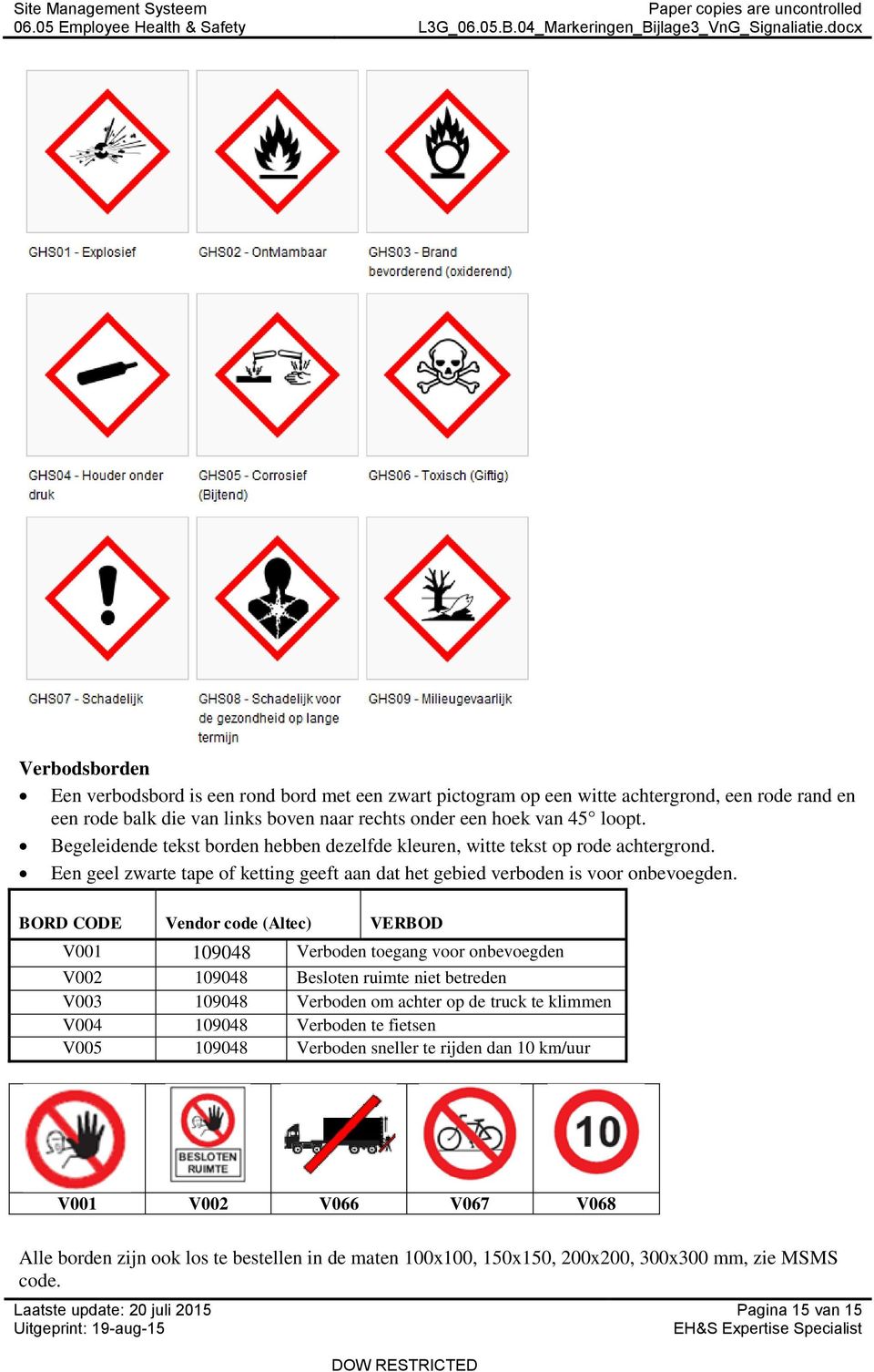 BORD CODE Vendor code (Altec) VERBOD V001 109048 Verboden toegang voor onbevoegden V002 109048 Besloten ruimte niet betreden V003 109048 Verboden om achter op de truck te klimmen V004 109048 Verboden