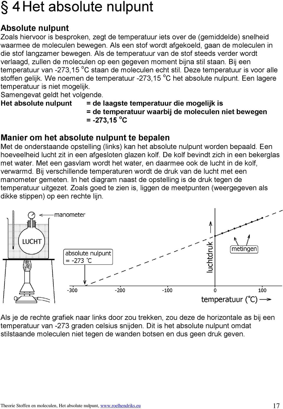 Bij een temperatuur van -273,15 o C staan de moleculen echt stil. Deze temperatuur is voor alle stoffen gelijk. We noemen de temperatuur -273,15 o C het absolute nulpunt.