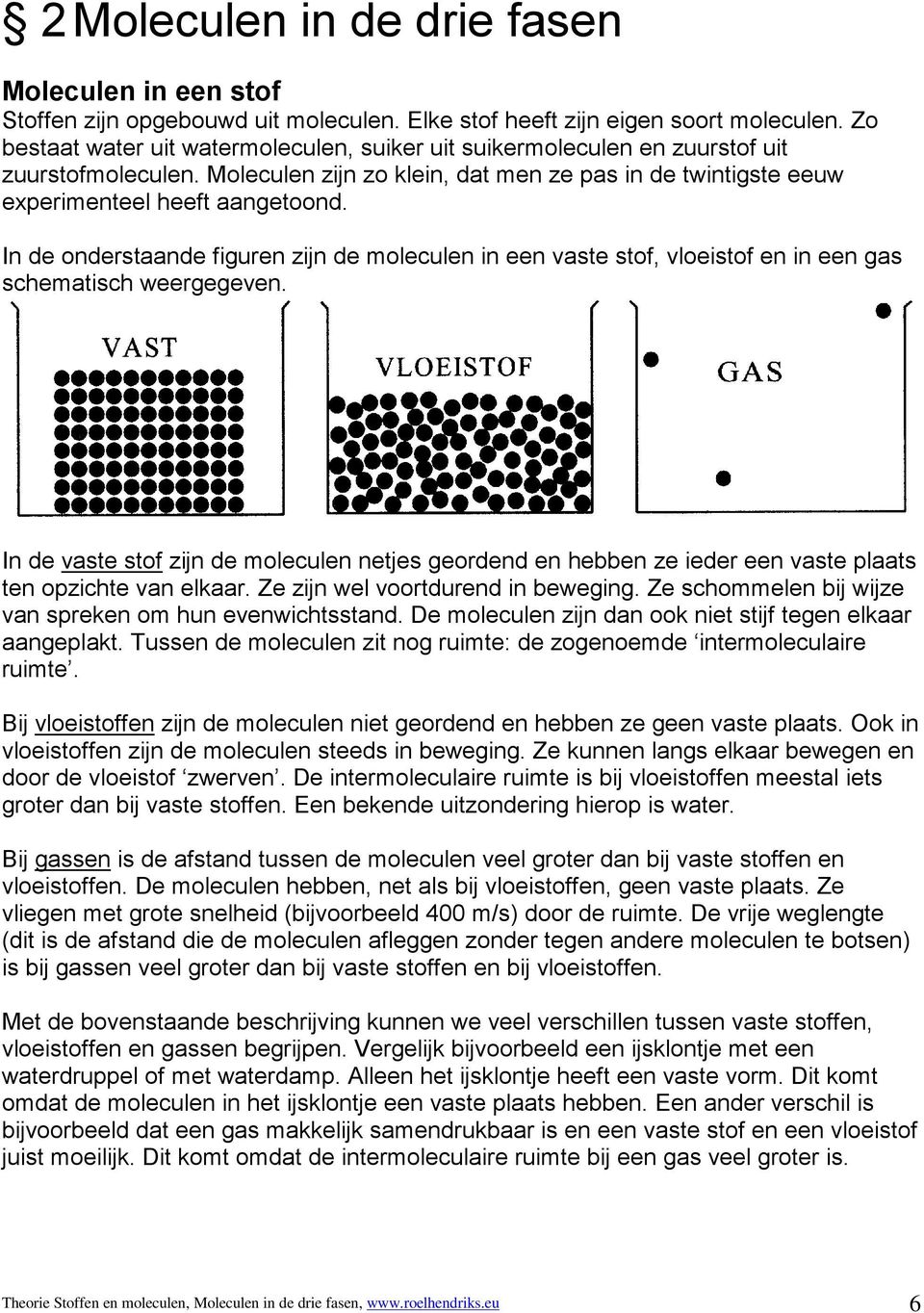 In de onderstaande figuren zijn de moleculen in een vaste stof, vloeistof en in een gas schematisch weergegeven.