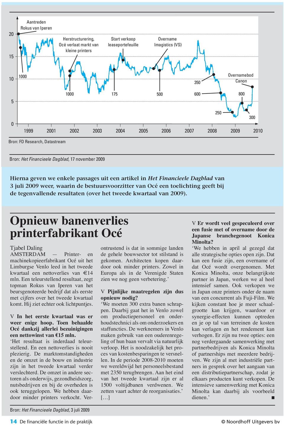 Financieele Dagblad van 3 juli 2009 weer, waarin de bestuursvoorzitter van Océ een toelichting geeft bij de tegenvallende resultaten (over het tweede kwartaal van 2009).