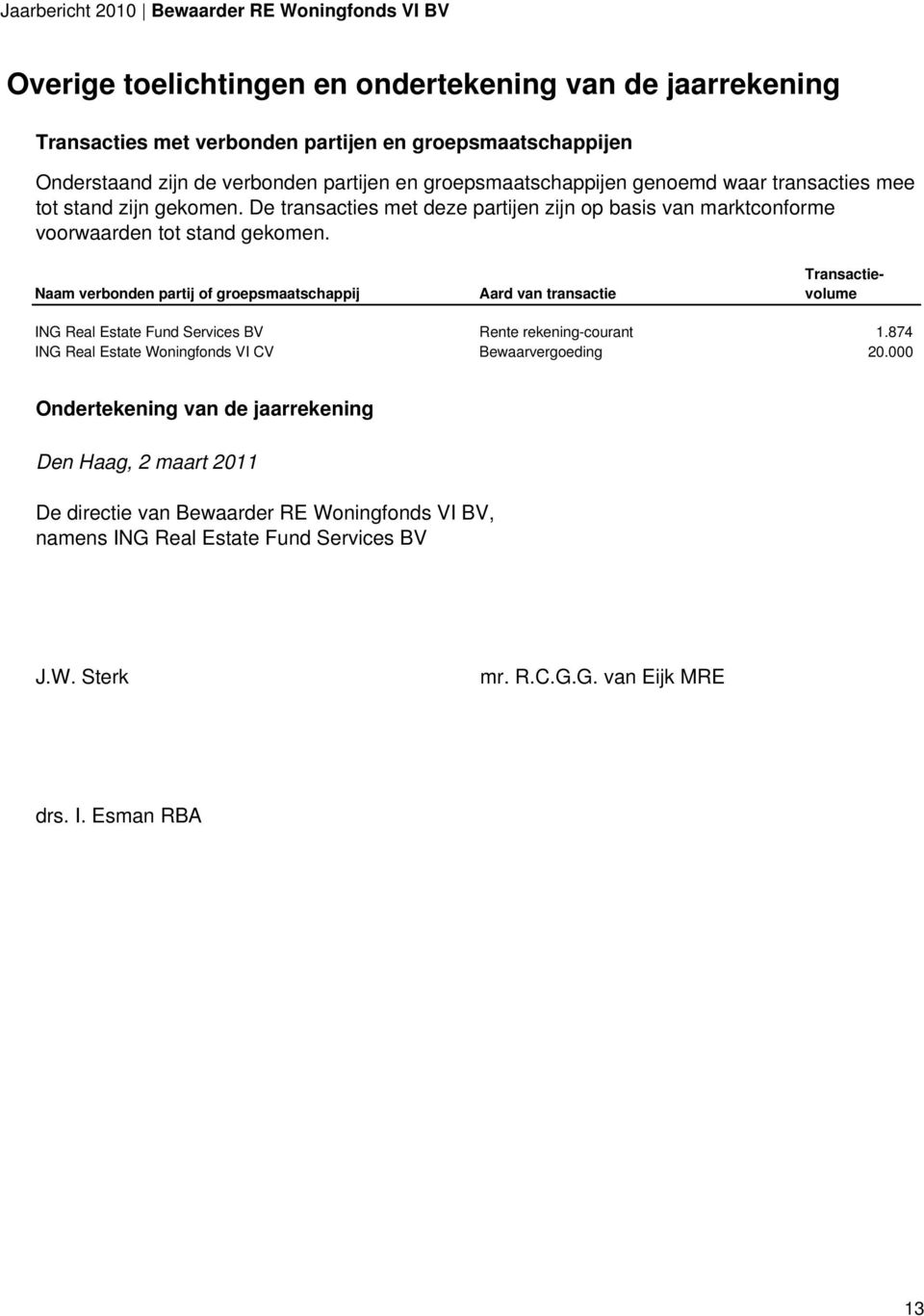 Naam verbonden partij of groepsmaatschappij Aard van transactie Transactievolume ING Real Estate Fund Services BV Rente rekening-courant 1.