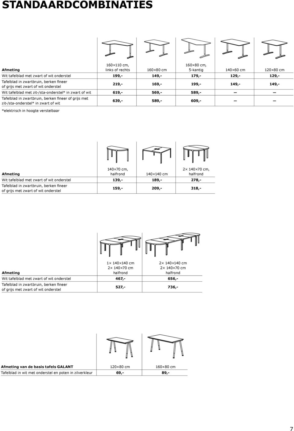 fineer of grijs met zit-/sta-onderstel* in zwart of wit *elektrisch in hoogte verstelbaar 639,- 589,- 609,- Afmeting 140 70 cm, halfrond 140 140 cm 2 140 70 cm, halfrond Wit tafelblad met zwart of