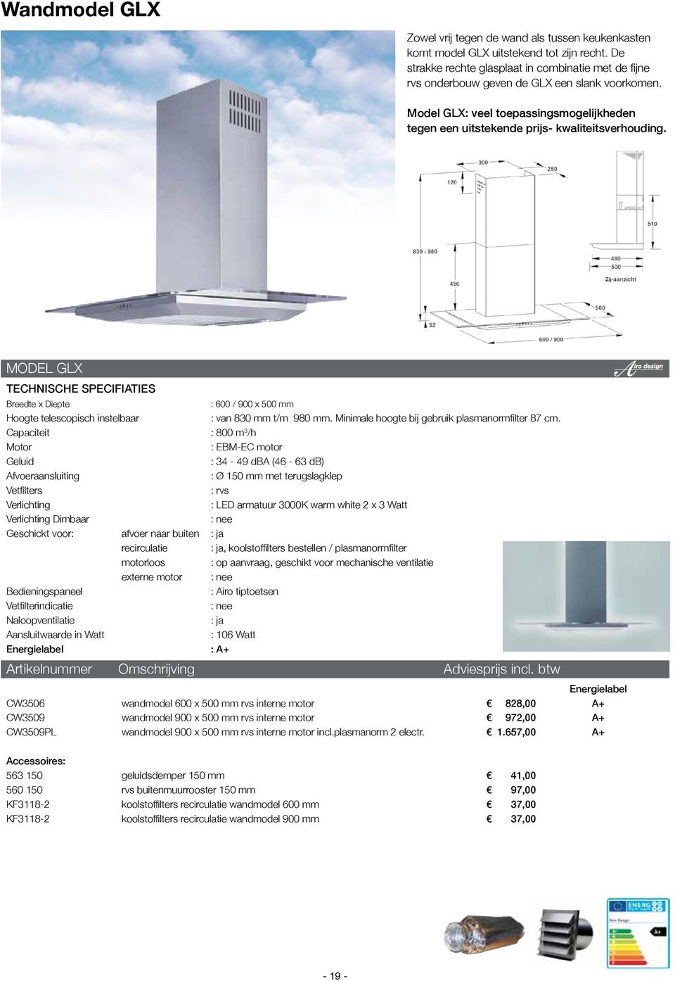MODEL GLX : 600 / 900 x 500 mm : van 830 mm t/m 980 mm. Minimale hoogte bij gebruik plasmanormfilter 87 cm.
