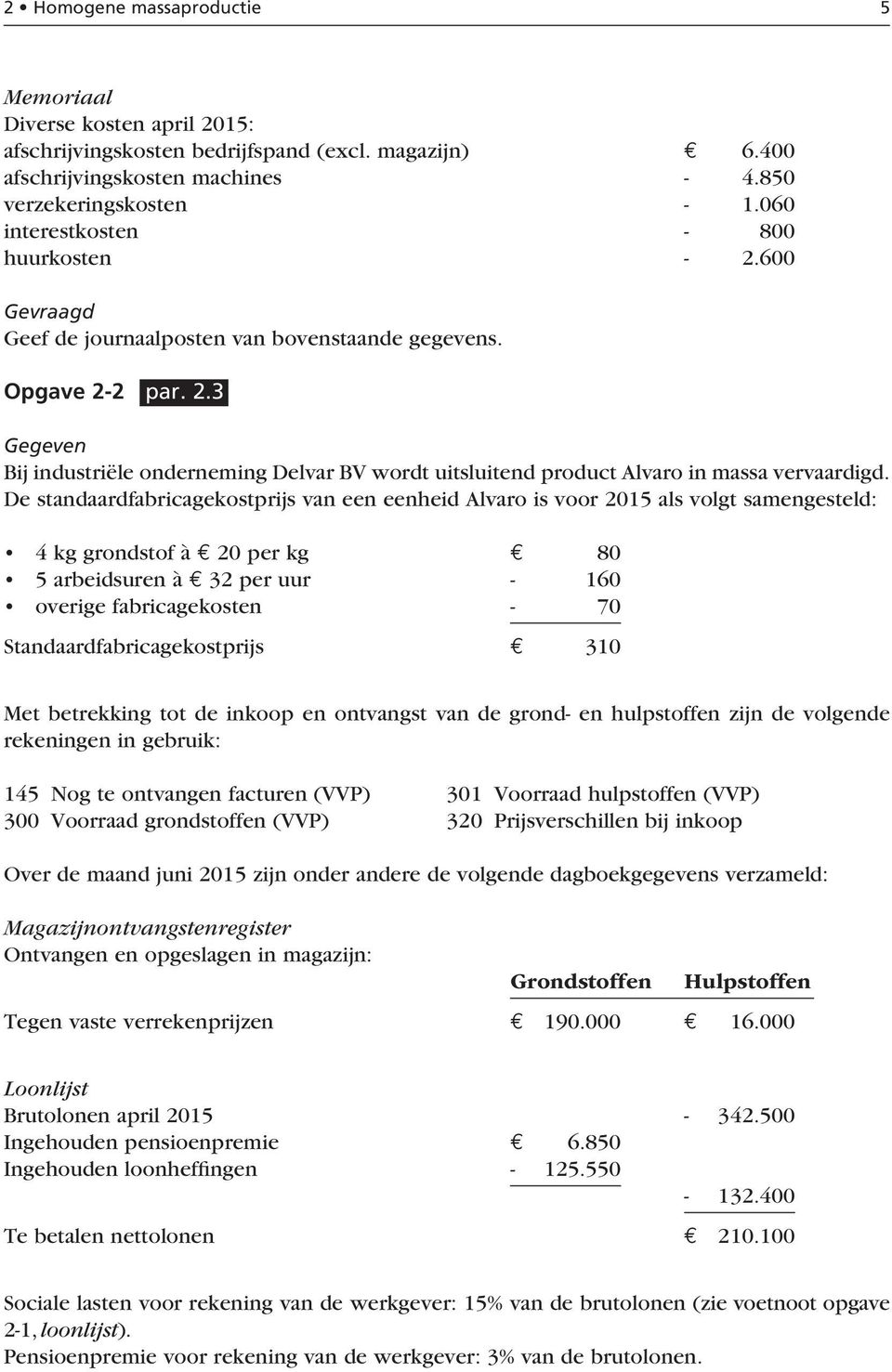 De standaardfabricagekostprijs van een eenheid Alvaro is voor 2015 als volgt samengesteld: 4 kg grondstof à 20 per kg 80 5 arbeidsuren à 32 per uur - 160 overige fabricagekosten - 70