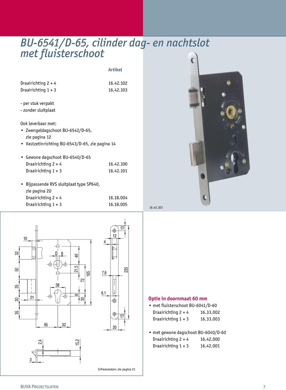 2 Draairichting 1  - zonder sluitplaat Ook leverbaar met: BU601 Zwengeldagschoot BU-2/D-, zie pagina Vastzetinrichting BU-/D-, zie pagina 1 Gewone dagschoot BU-0/D-