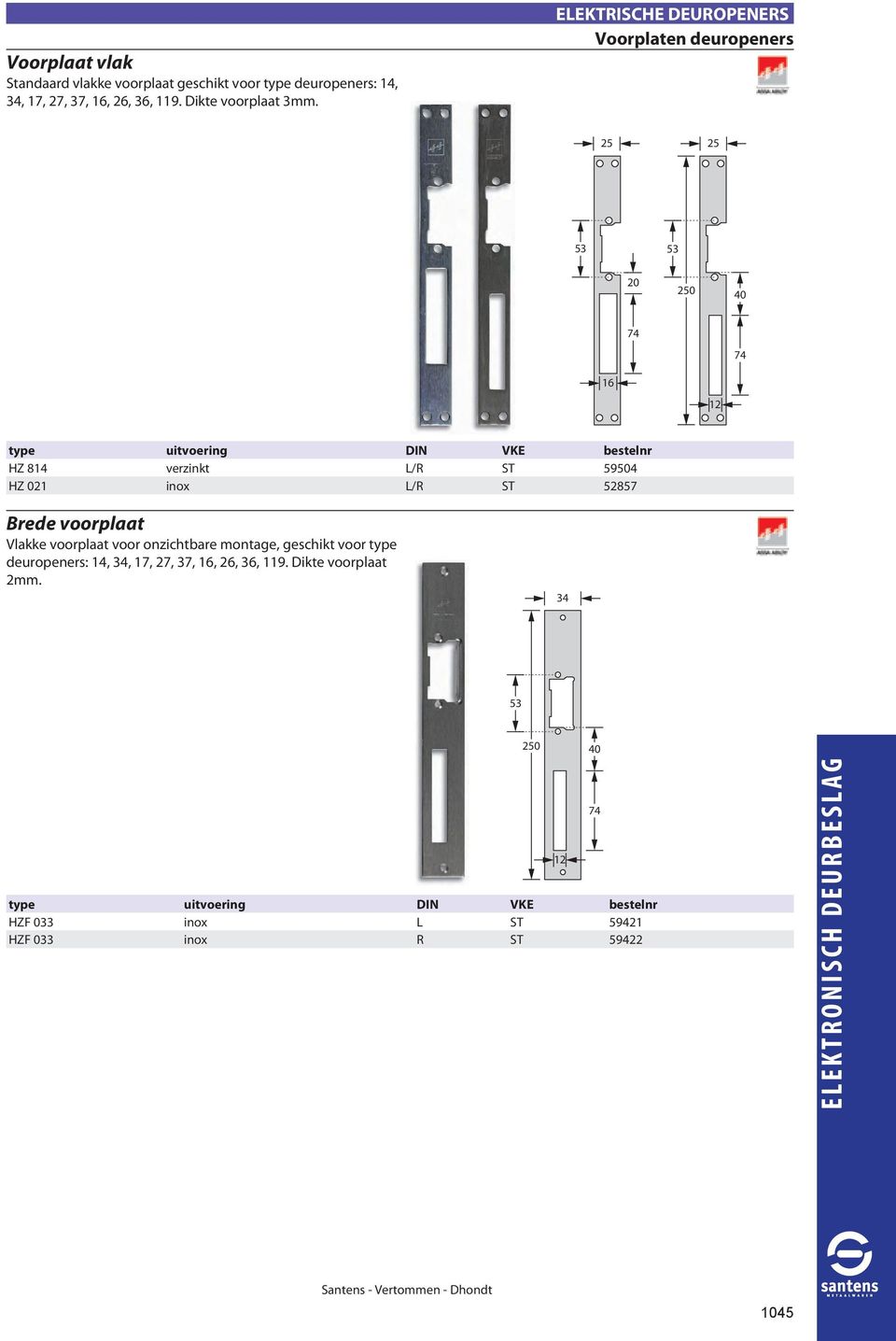 59504 HZ 021 inox L/R ST 52857 Brede voorplaat Vlakke voorplaat voor onzichtbare montage, geschikt voor type deuropeners: 14, 34, 17, 27,