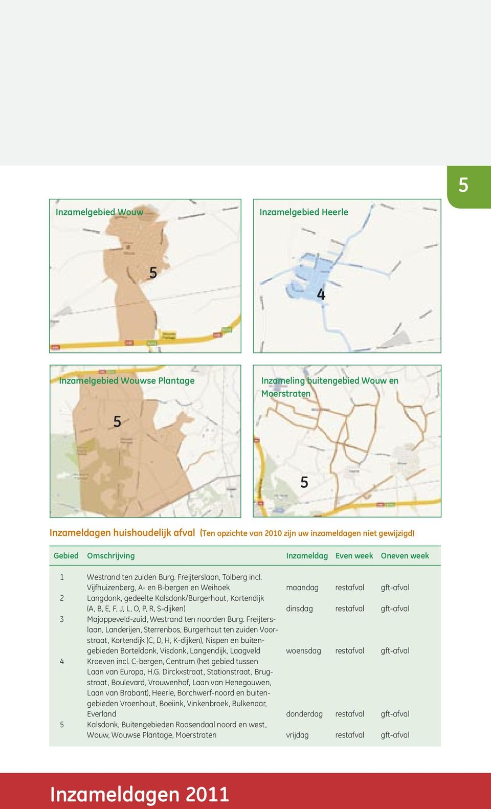 Vijfhuizenberg, A- en B-bergen en Weihoek maandag restafval gft-afval 2 Langdonk, gedeelte Kalsdonk/Burgerhout, Kortendijk (A, B, E, F, J, L, O, P, R, S-dijken) dinsdag restafval gft-afval 3