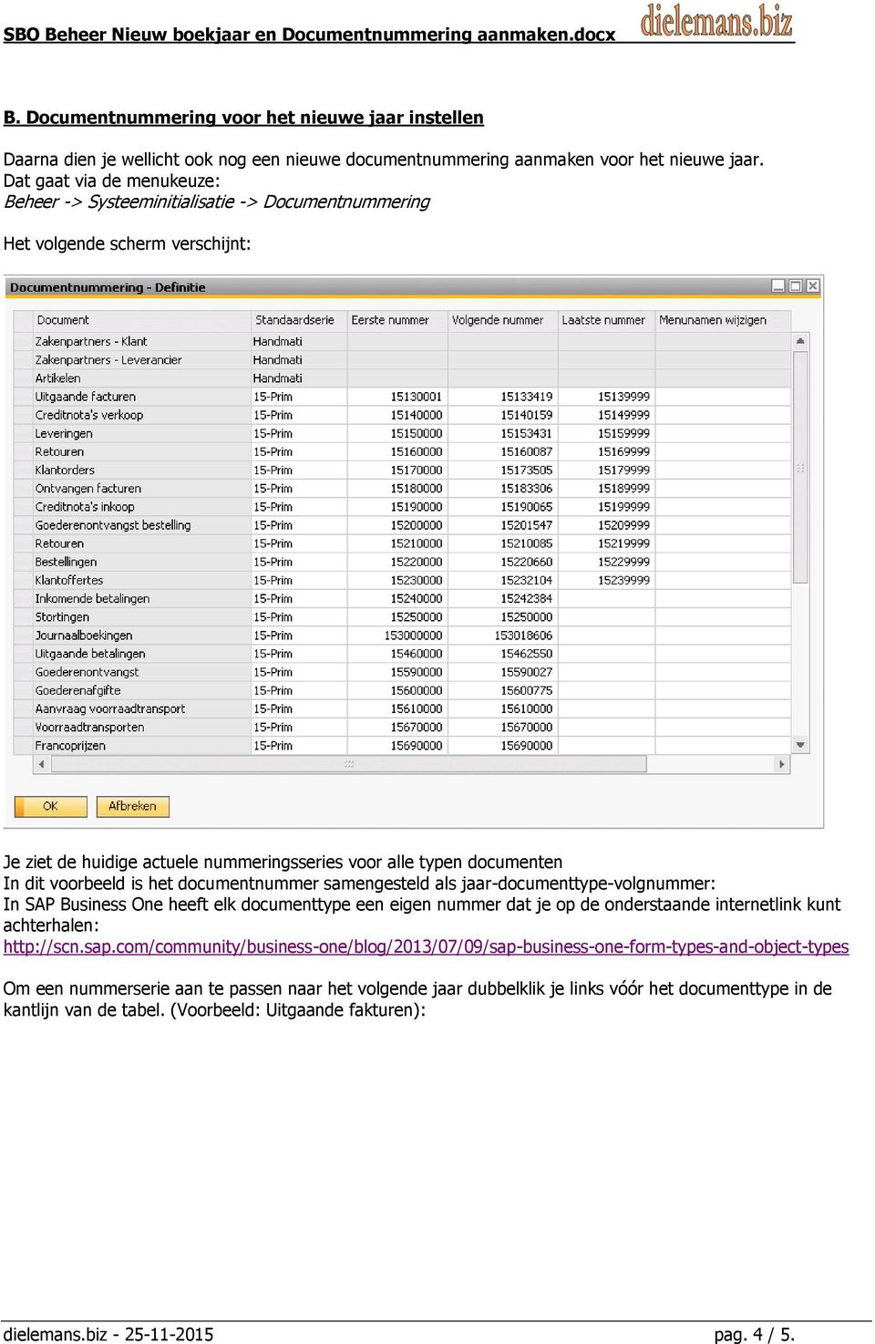 is het documentnummer samengesteld als jaar-documenttype-volgnummer: In SAP Business One heeft elk documenttype een eigen nummer dat je op de onderstaande internetlink kunt achterhalen: http://scn.