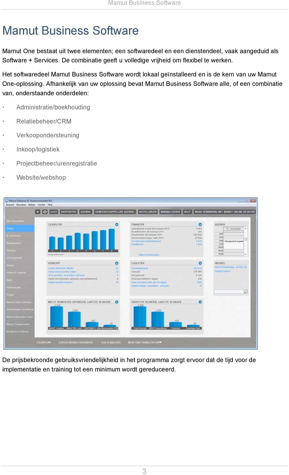 Afhankelijk van uw oplossing bevat Mamut Business Software alle, of een combinatie van, onderstaande onderdelen: Administratie/boekhouding Relatiebeheer/CRM Verkoopondersteuning