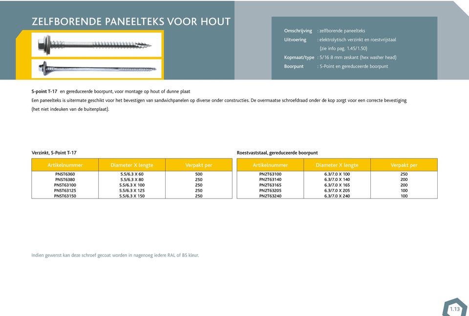 geschikt voor het bevestigen van sandwichpanelen op diverse onder constructies. De overmaatse schroefdraad onder de kop zorgt voor een correcte bevestiging (het niet indeuken van de buitenplaat).