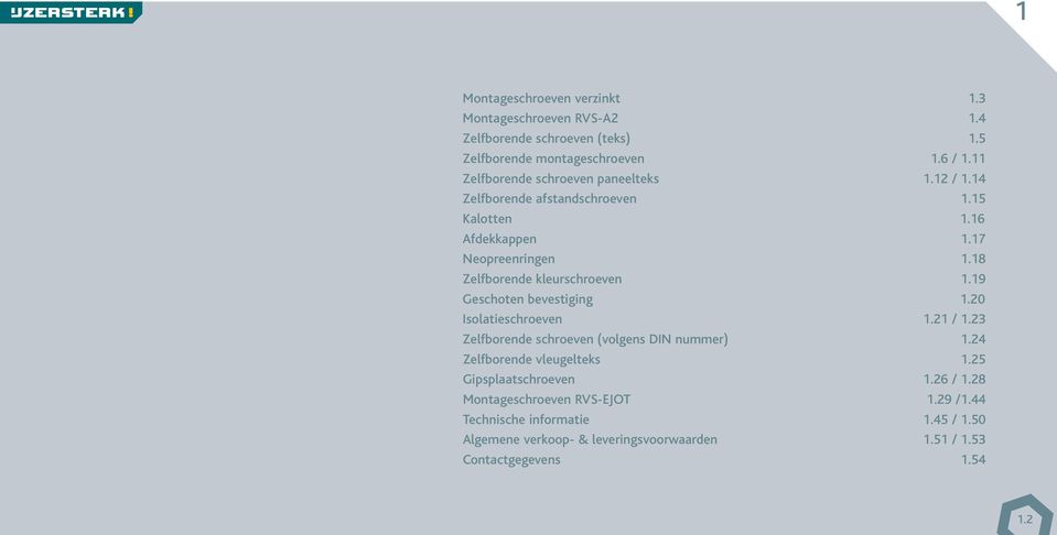 18 Zelfborende kleurschroeven 1.19 Geschoten bevestiging 1.20 Isolatieschroeven 1.21 / 1.23 Zelfborende schroeven (volgens DIN nuer) 1.