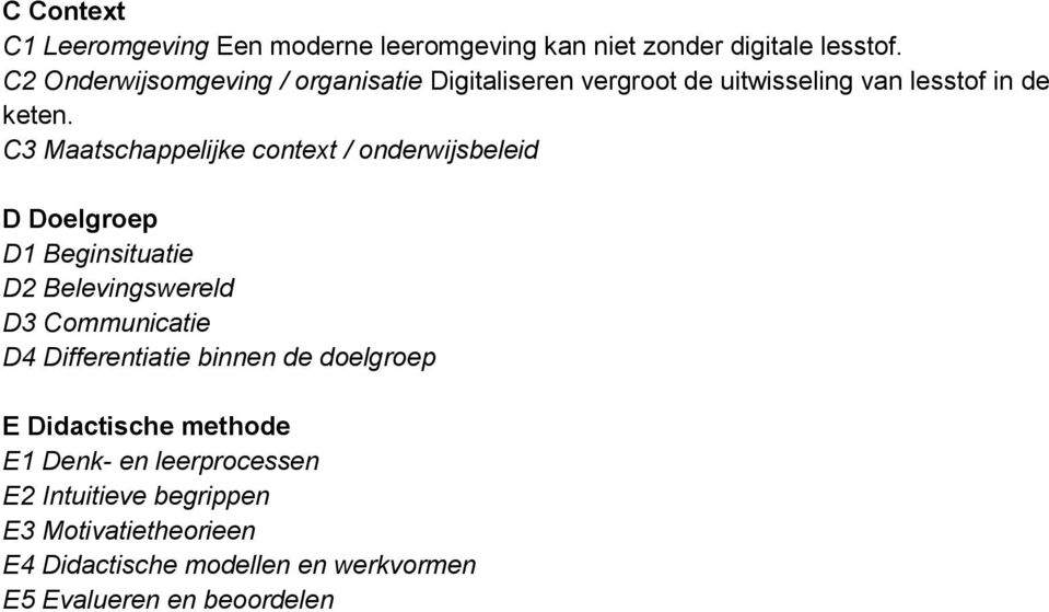 C3 Maatschappelijke context / onderwijsbeleid D Doelgroep D1 Beginsituatie D2 Belevingswereld D3 Communicatie D4