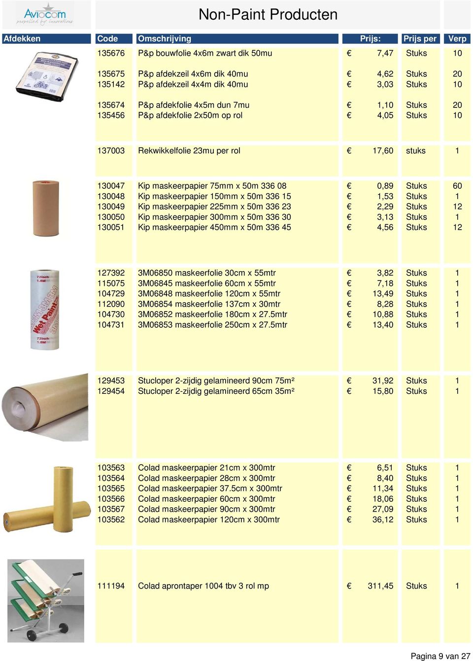 Stuks 60 130048 Kip maskeerpapier 150mm x 50m 336 15 1,53 Stuks 1 130049 Kip maskeerpapier 225mm x 50m 336 23 2,29 Stuks 12 130050 Kip maskeerpapier 300mm x 50m 336 30 3,13 Stuks 1 130051 Kip