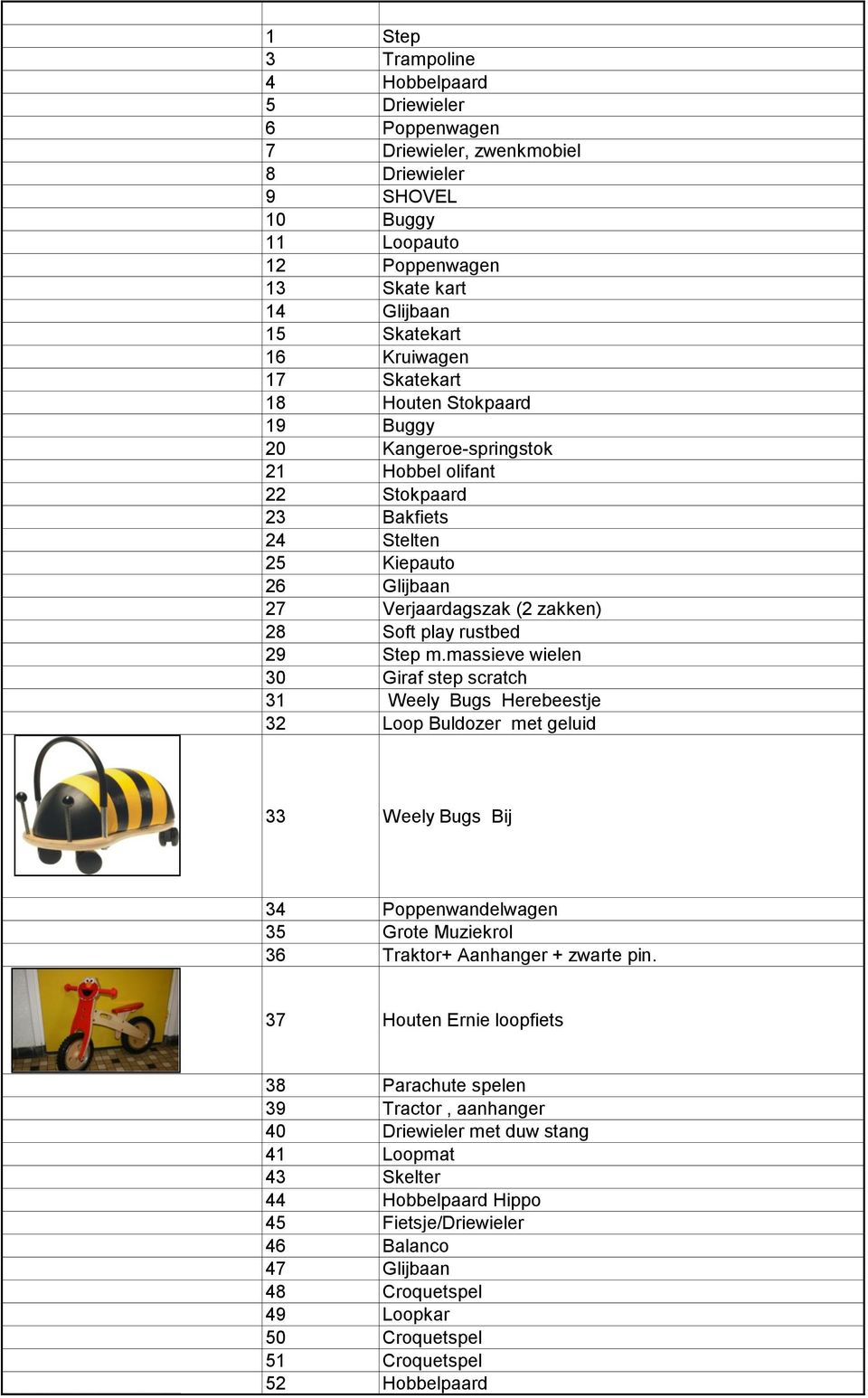 massieve wielen 30 Giraf step scratch 31 Weely Bugs Herebeestje 32 Loop Buldozer met geluid 33 Weely Bugs Bij 34 Poppenwandelwagen 35 Grote Muziekrol 36 Traktor+ Aanhanger + zwarte pin.